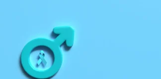 Männersymbol mit hellblauer Schleife als Symbol für Prostatakrebs