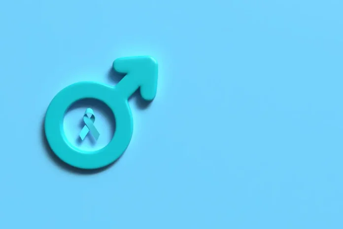 Männersymbol mit hellblauer Schleife als Symbol für Prostatakrebs