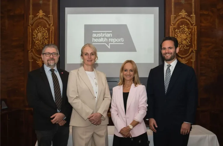Vier Vortragende bei der Präsentation des Austrian Health Report 2026: Thomas Czypionka, Eva Zeglovits, Barbara Haid und Marco Pucci.