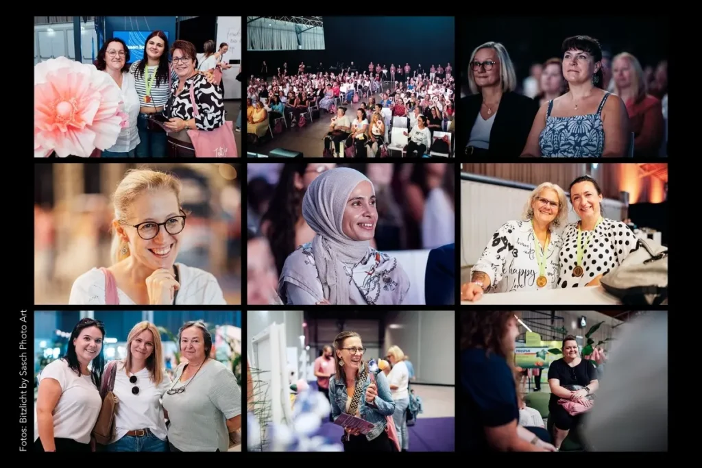 Fotocollage mit Besucherinnen, Gruppenfotos und Eindrücken vom Engelhard Selfcare Saturday 2026 in Wien.