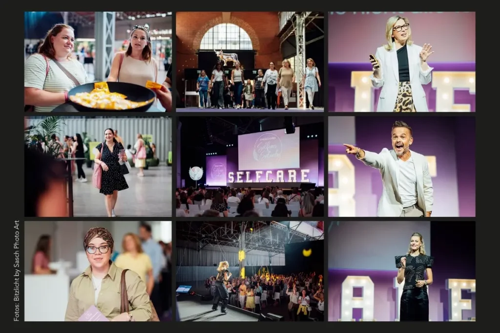 Fotocollage vom Engelhard Selfcare Saturday 2026 mit Bühnenvorträgen, Publikum und Impressionen aus der Wiener Marx Halle.