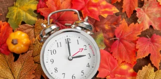 Wecker zwischen Herbstblättern als Symbol für die Zeitumstellung