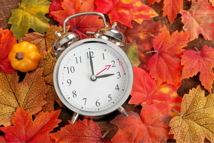Wecker zwischen Herbstblättern als Symbol für die Zeitumstellung