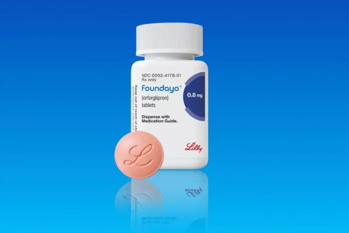 Foundayo (Orforglipron): 0,8-mg-Tablette und Arzneimittelflasche von Eli Lilly vor blauem Hintergrund