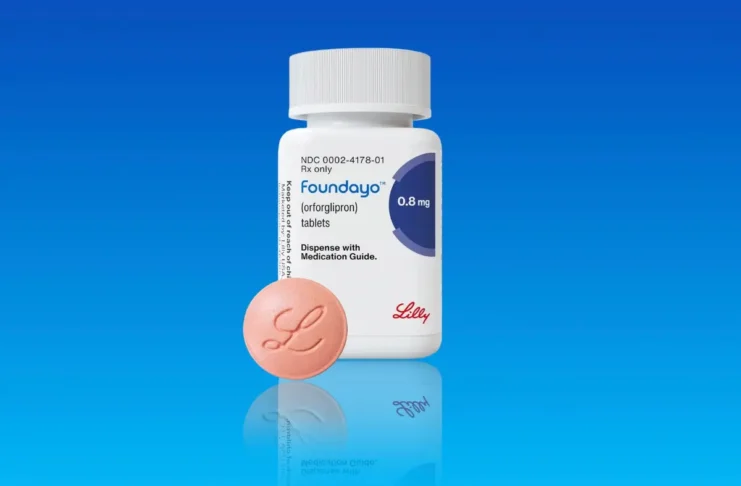 Foundayo (Orforglipron): 0,8-mg-Tablette und Arzneimittelflasche von Eli Lilly vor blauem Hintergrund