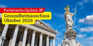 Österreichisches Parlament in Wien mit Pallas-Athene-Brunnen und eingeblendeter Überschrift „Gesundheitsausschuss Oktober 2026“