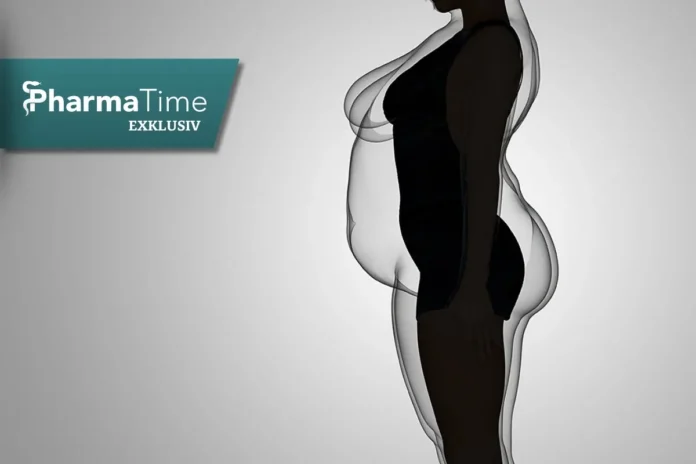 Silhouette einer Frau mit überlagerter Körperkontur als Symbol für Gewichtsreduktion und Adipositas