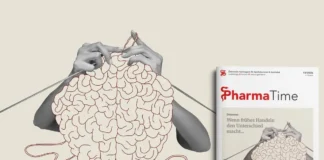 Titelbild der PharmaTime 10/2026 zum Schwerpunkt Demenz: Illustration eines Gehirns mit Händen und Fäden neben dem Magazincover. Kopieren
