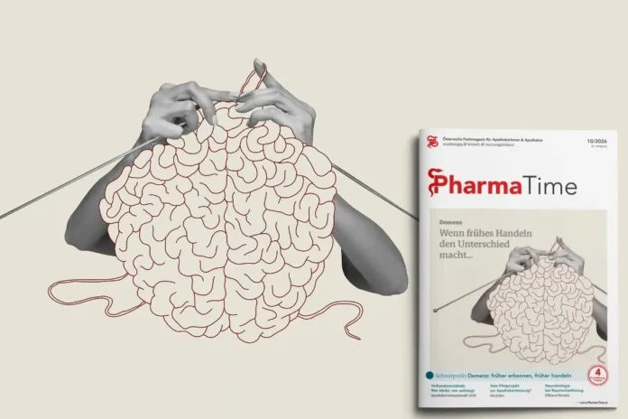 Titelbild der PharmaTime 10/2026 zum Schwerpunkt Demenz: Illustration eines Gehirns mit Händen und Fäden neben dem Magazincover. Kopieren